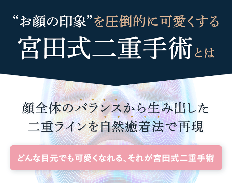 お顔の印象を圧倒的に可愛くする宮田式二重手術とは 顔全体のバランスから生み出した二重ラインを自然癒着法で再現 どんな目元でも可愛くなれる、それが宮田式二重手術