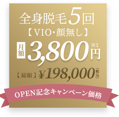 オープン記念キャンペーン価格！全身医療脱毛5回。VIO・顔なしコース￥143,000円