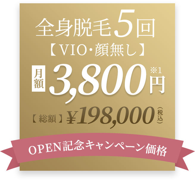 オープン記念キャンペーン価格！全身医療脱毛5回VIO・顔なしコース￥143,000円