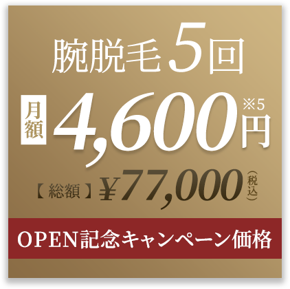 オープン記念キャンペーン価格！腕脱毛5回。￥57,750円