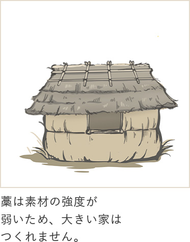 藁は素材の強度が弱いため、大きい家はつくれません。