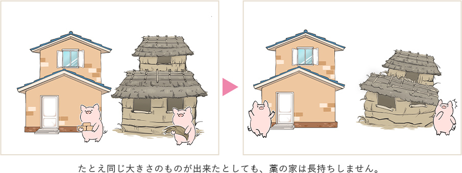 たとえ同じ大きさのものが出来たとしても、藁の家は長持ちしません。
